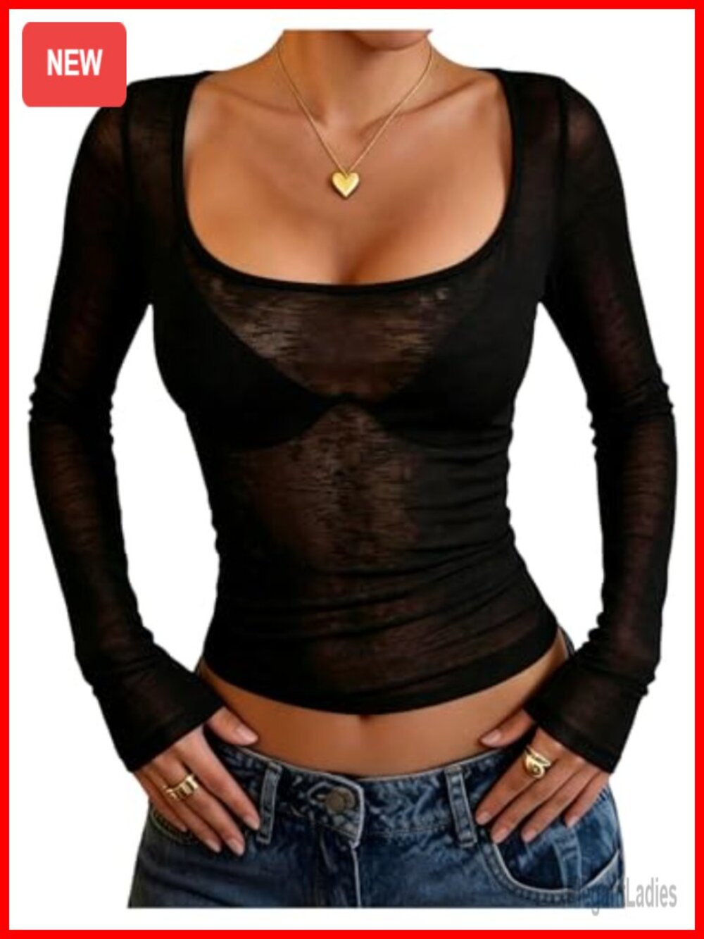 Women's Sheer Mesh Long Sleeve Scoop Neck Slim Fit Top for Layering